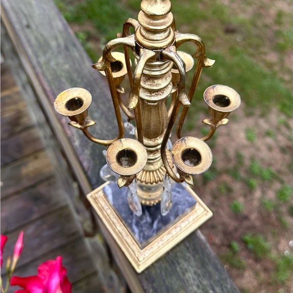 Vintage Art Deco Dilly MFG Co Brass on Marble Crystal Drops Six Arm Candelabra - Picture 5 of 9